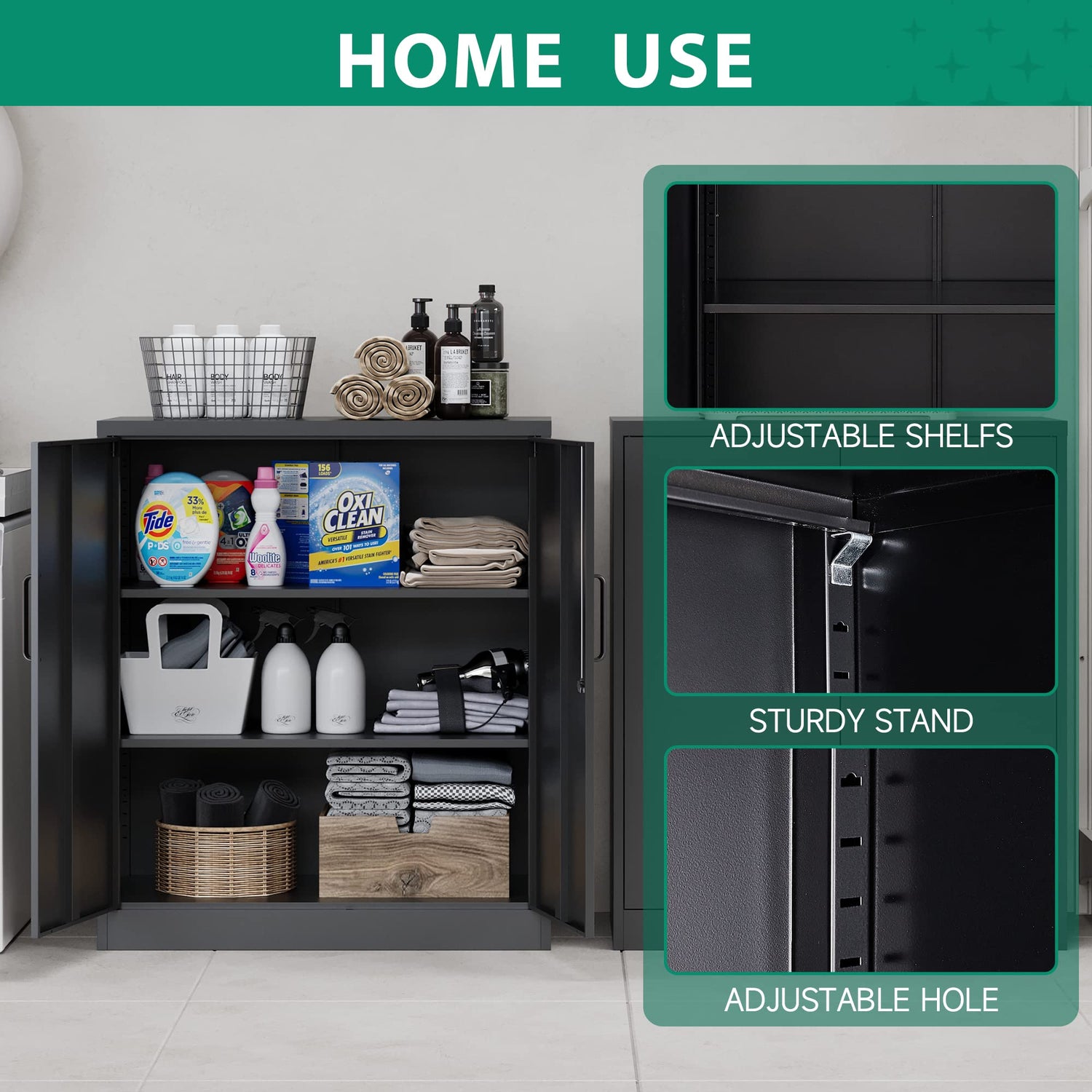 Letaya Metal Storage Cabinets with Lock, Small Locker Steel Cabinets, Adjustable Shelves 2 Doors for Home,Office, Warehouse,Garage(Black-36) Letaya