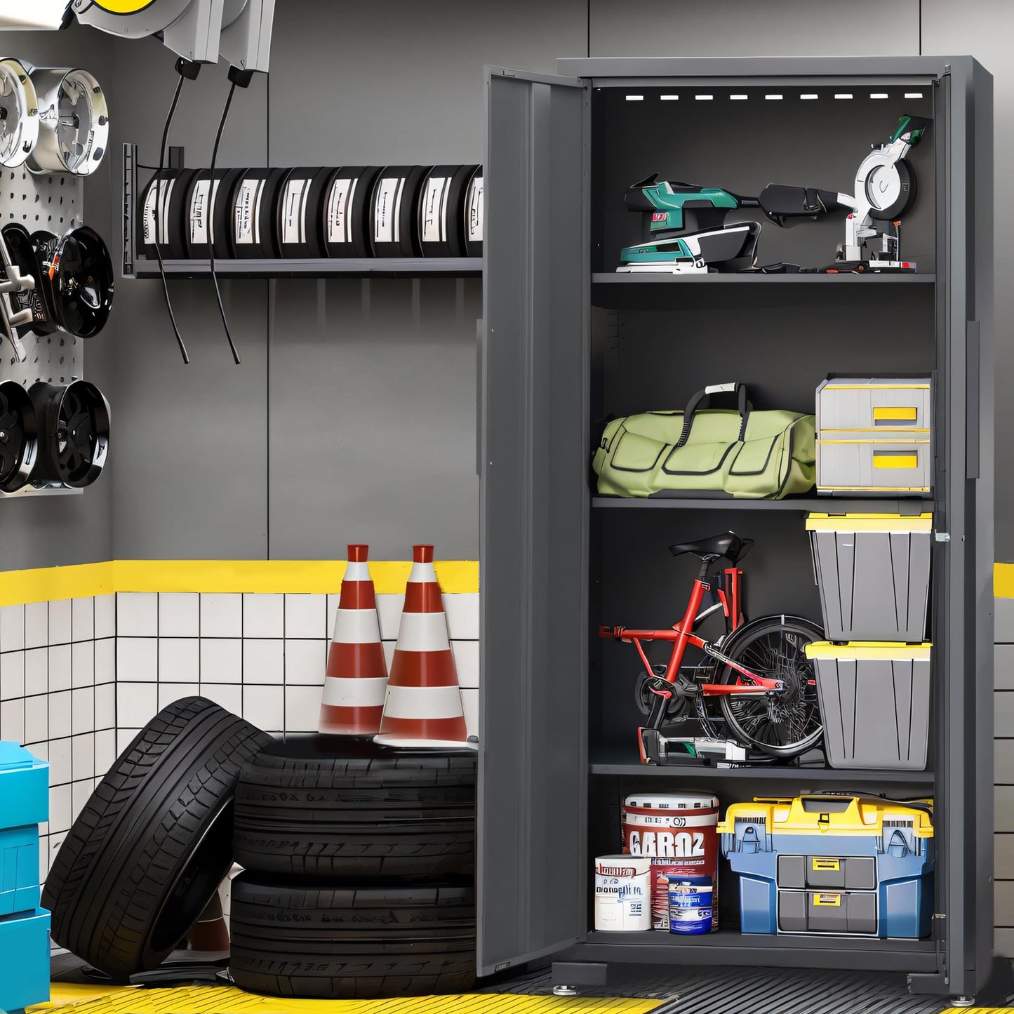 Torin AGPZ100B Garage 5 Pcs Garage Storage Cabinet Set with Wood Workbench, Garage Cabinets and Storage System, Black/Grey - WoodArtSupply