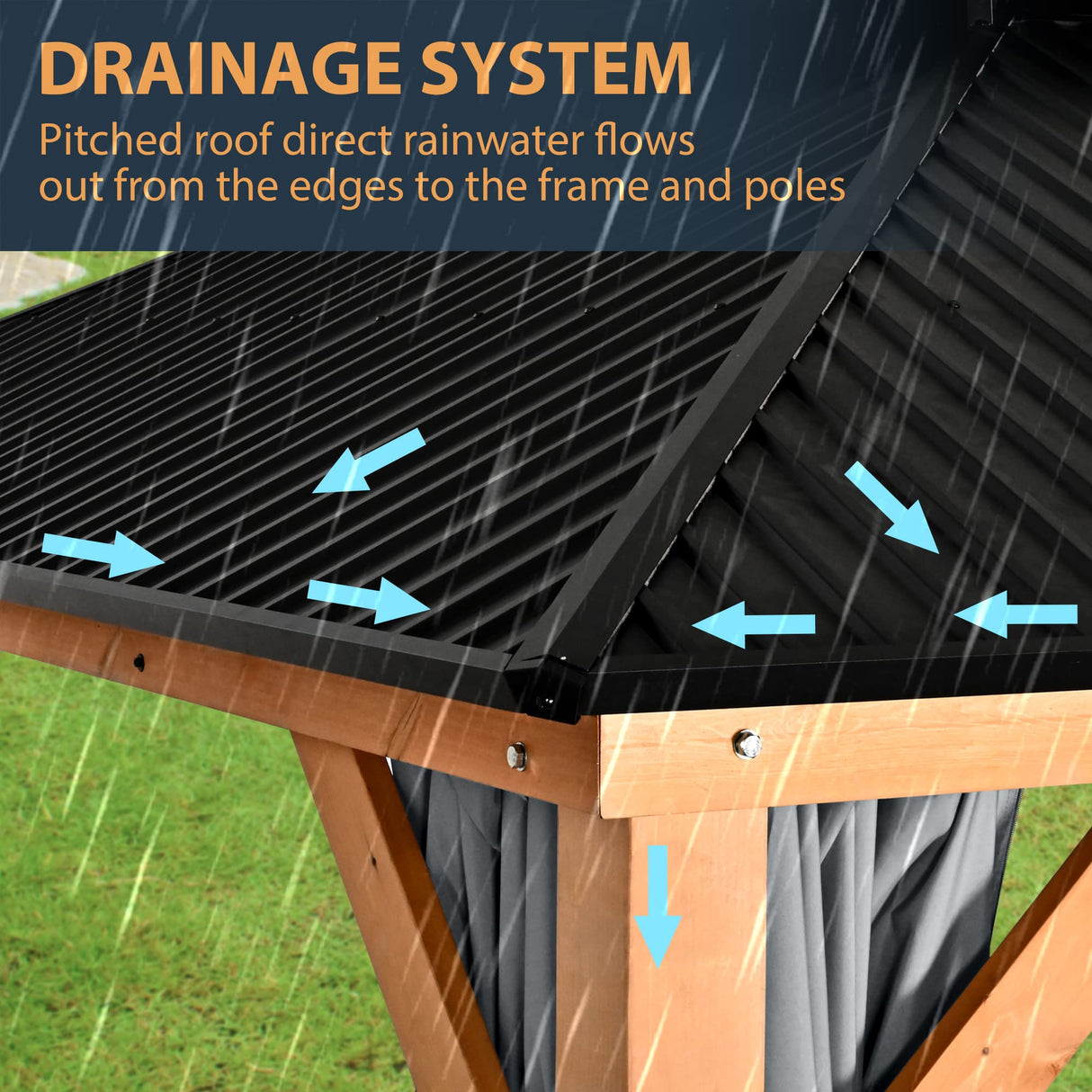 HAPPATIO 11' × 13' Wood Gazebo, Outdoor Hardtop Gazebo with Mosquito Netting and Curtains, Double Metal Roof Patio Gazebo Hard Top Gazebo for Garden, HAPPATIO