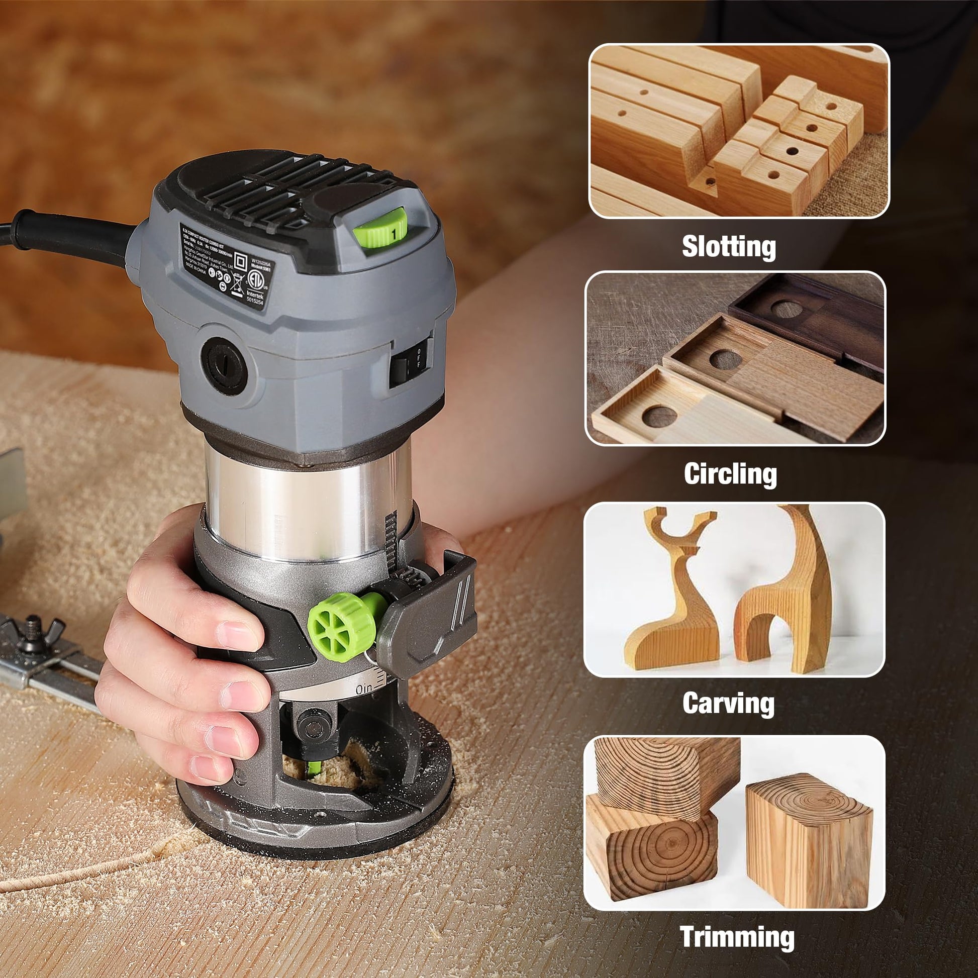 WORKPRO Compact Router Kit, 6.5 Amp Corded Hand Trimmer Router Tool, 6 Variable Speeds Wood Router for Woodworking Slotting Trimming - WoodArtSupply