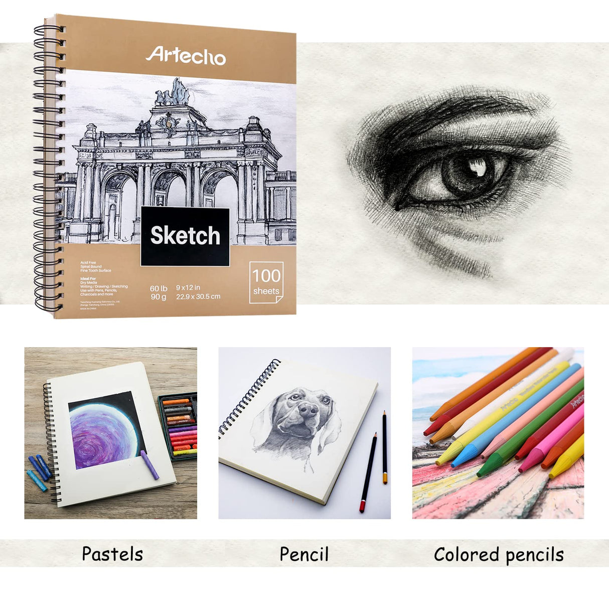 Artecho Sketch Book 9 x 12 Inch, 100 Sheets 90gsm, Pack of 2, Spiral Sketchbook, Hardcover Sketchbook, Acid Free Sketch Paper, Sketch Pad, Sketchbook Artecho