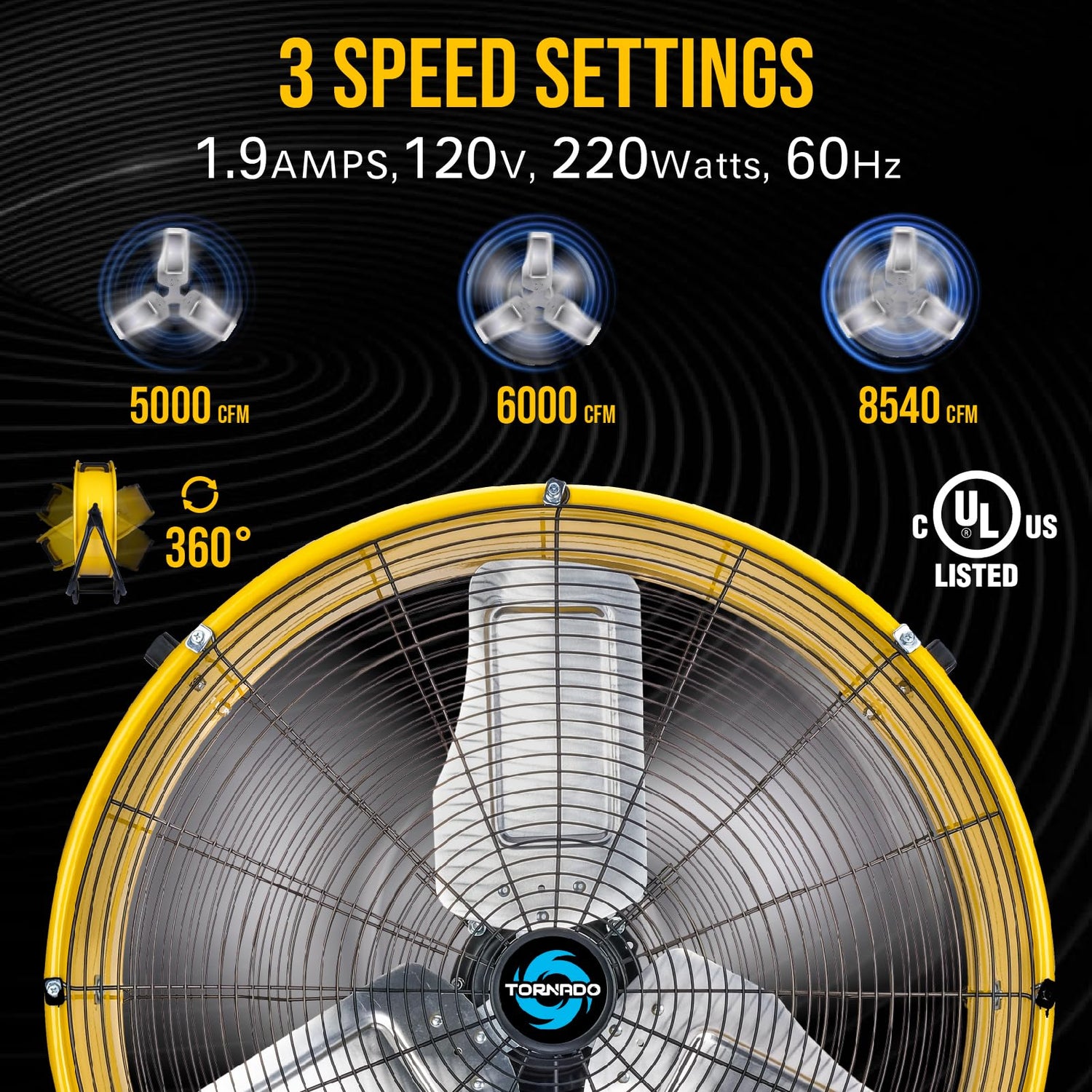 Tornado - 24 Inch High Velocity Heavy Duty Tilt Metal Drum Fan Yellow Commercial, Industrial Use 3 Speed 8540 CFM Tornado