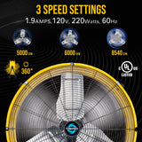 Tornado - 24 Inch High Velocity Heavy Duty Tilt Metal Drum Fan Yellow Commercial, Industrial Use 3 Speed 8540 CFM Tornado