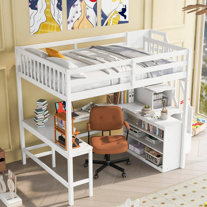 Full Loft Bed with Stairs and Desk Wood Loft Beds with Storage Bookcase High Loft Bed Frame with Storage Shelves & L-Shape Desk for Kids, Juniors,