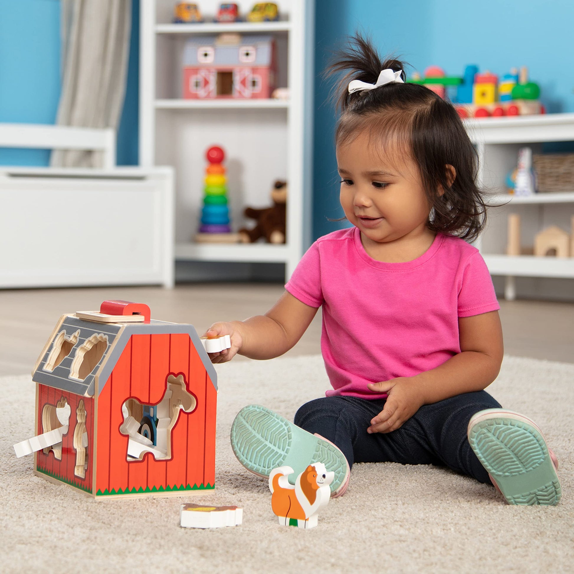 Melissa & Doug Wooden Take-Along Sorting Barn Toy with Flip-Up Roof and Handle, 10 Wooden Farm Play Pieces - Farm Toys, Shape Sorting And Stacking - WoodArtSupply