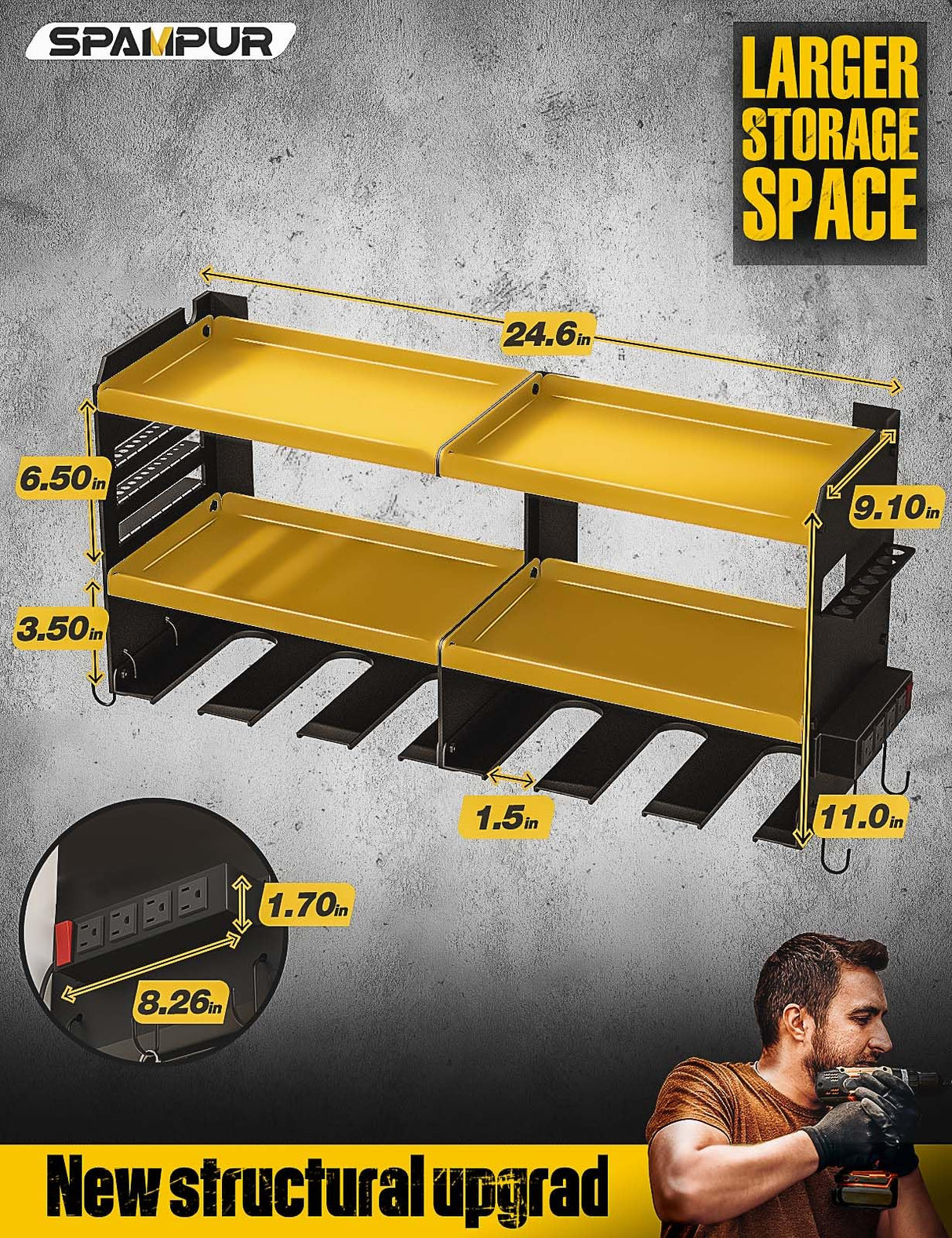 Spampur Power Tool Organizer Wall Mount with Charging Station, 6 Drill Holders Tool Shelf, Heavy Duty Garage shelves Utility Tool Storage, Tool Spampur