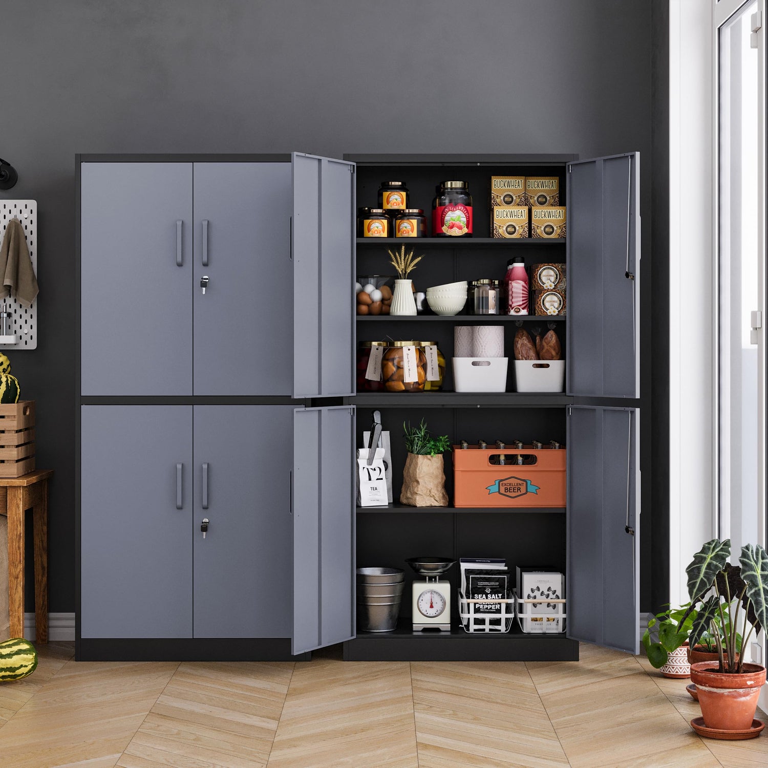 MIIIKO Metal Garage Storage Cabinet with 4 Doors, Locking Steel Locker Cabinet with Doors and Shelves, for Home, Garage, Pantry, Office and Workshop MIIIKO