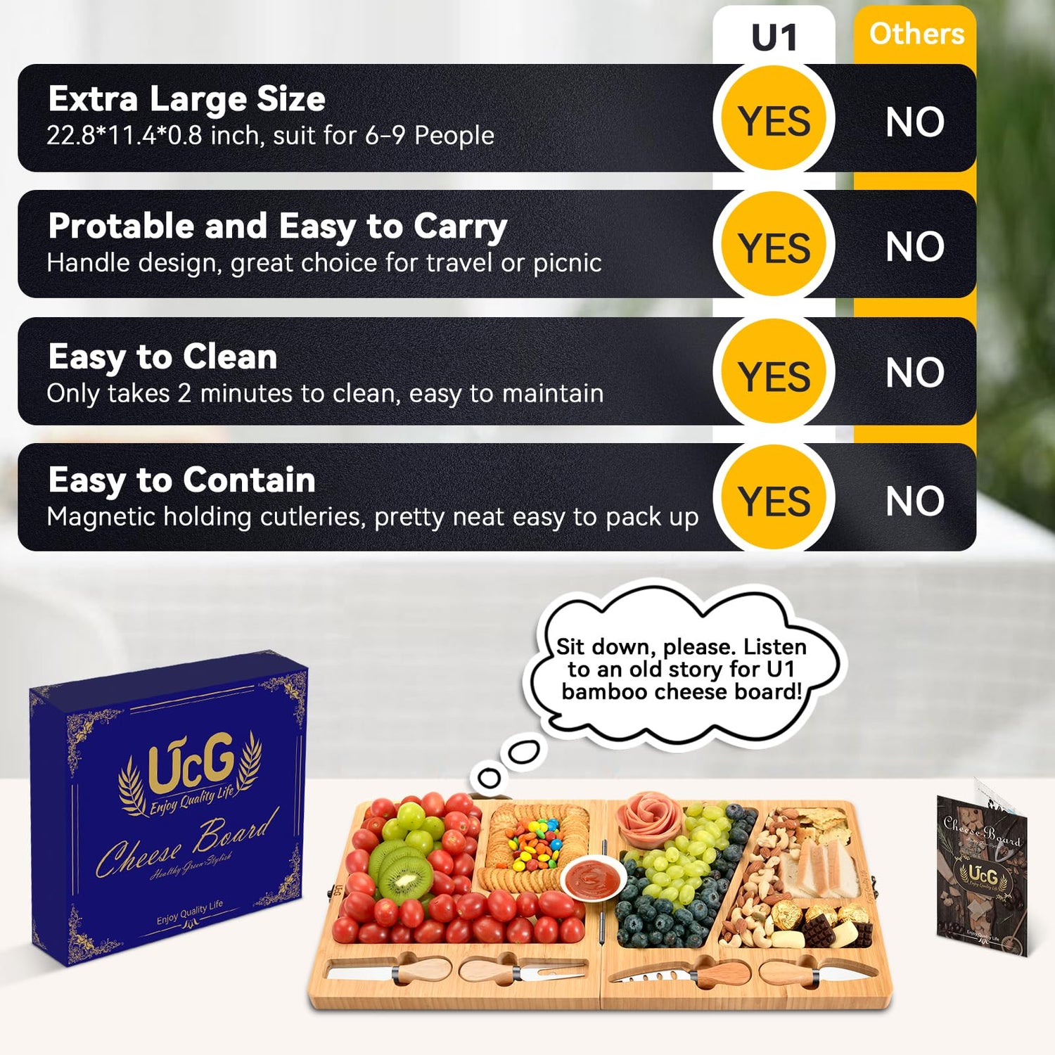 Cheese Board Charcuterie Gift Folding - Bamboo Sturdy Easy to Storage Magnetic Mount Serving Platter with Knife Travel Picnic Cheese Tray Set UTCG