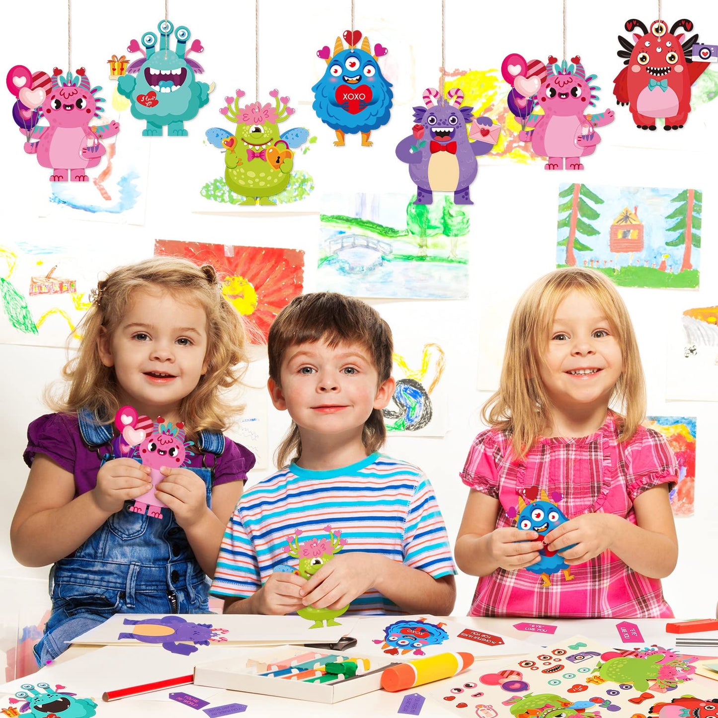 36 Packs Valentine's Day Monster Craft Ornaments Kit for Kids DIY Monster Paper Craft Make Your Own Ornament for Kids Hanging Kids Valentines Day