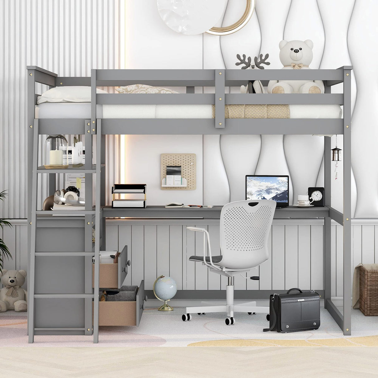 MERITLINE Modern Full Size Loft Bed with Desk, Shelves, and Storage Drawers for Kids and Teens MERITLINE