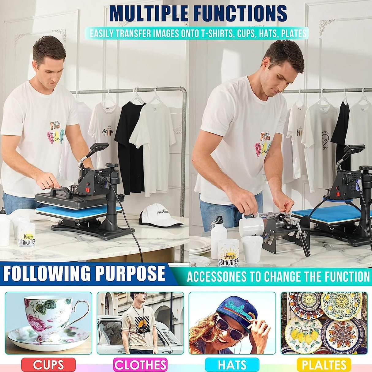 HIFRRUY 5 in 1 Heat Press Machine 12x15 Inch T-Shirt Press Machine Sublimation Heat Press 360° Swing Away Digital Heat Transfer Combo for Shirt Cap HIFRRUY