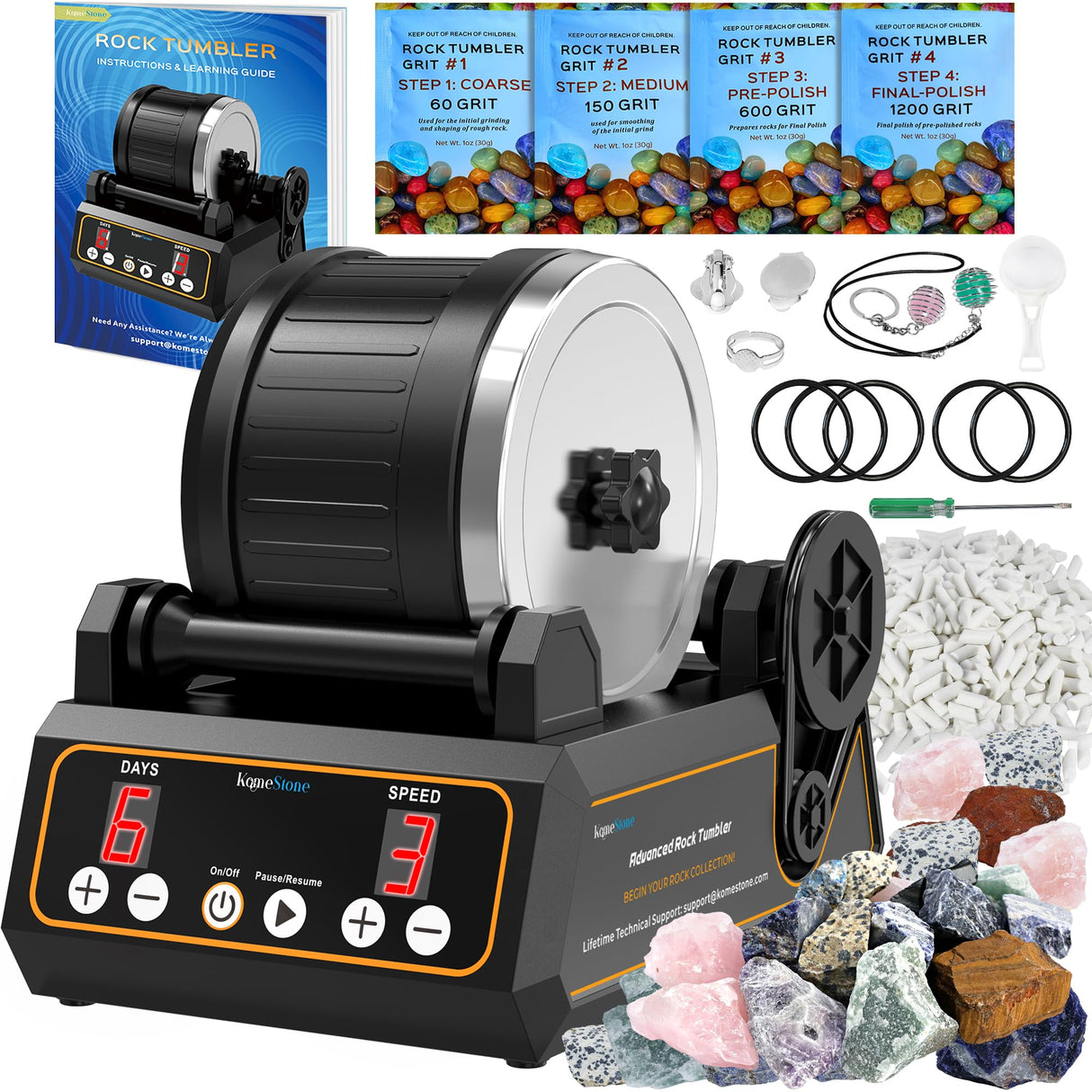 KomeStone Rock Tumbler Kit, K1 Professional Large 2.5LB Capacity Edition - Memory Function, Digital Timer & Variable Speeds: Create Stunning Gems KomeStone