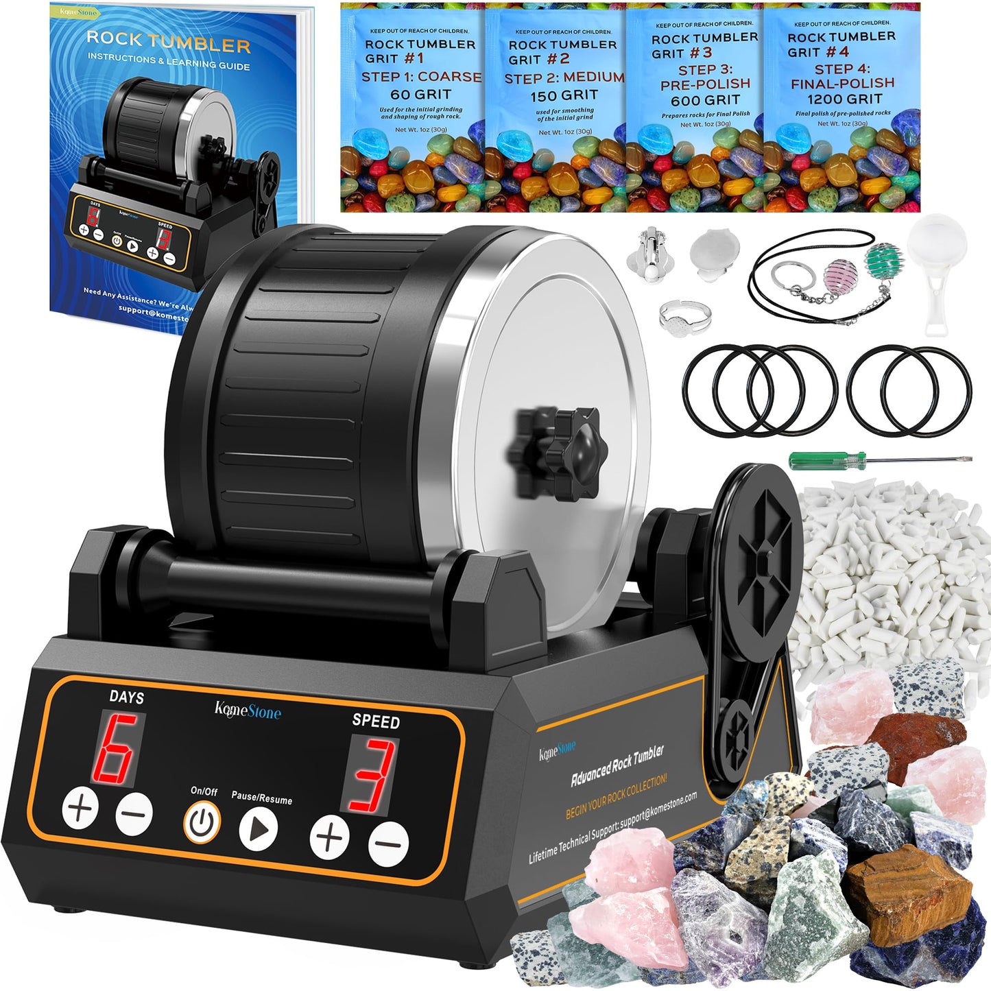 KomeStone Rock Tumbler Kit, K1 Professional Large 2.5LB Capacity Edition - Memory Function, Digital Timer & Variable Speeds: Create Stunning Gems - WoodArtSupply