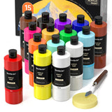 Shuttle Art Acrylic Paint, 15 Pack Acrylic Paint Large Bottle Set, 473ml/16oz Each, 14 Unique Colors and 1 More White, High Viscosity Art Paint for Shuttle Art