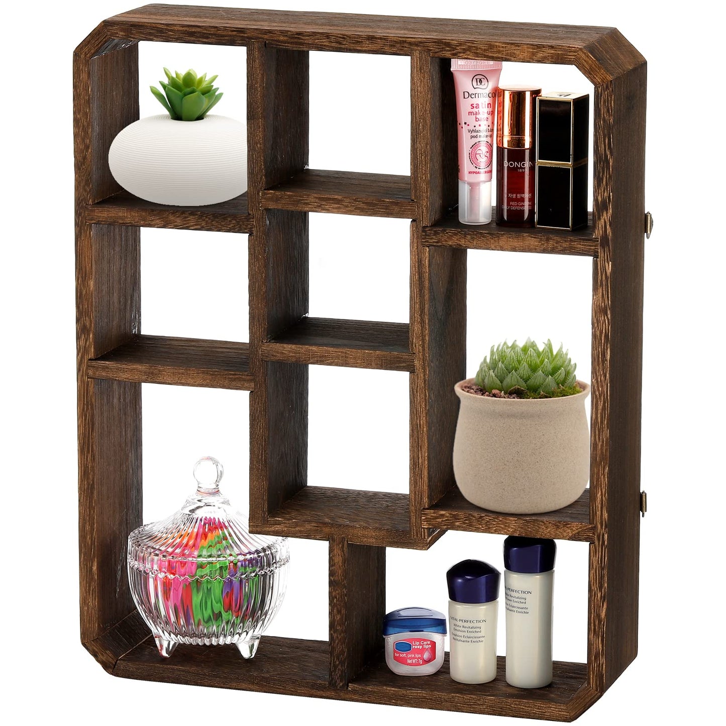 Frcctre Rustic Shadow Box Display Shelf, 9 Compartments Wood Hanging Display Shelf Floating Shelf, Multi-Slot Wall Mounted or Freestanding Farmhouse