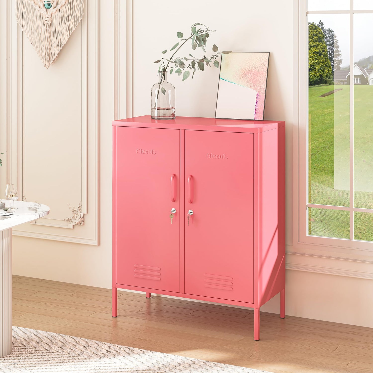 Aiasuit 2 Doors Lockable Metal Storage Cabinet 3 Tiers Shelf Multifunctional Storage Organizer Detachable Shelves Easy to Assemble Red Size: 39.37”H Aiasuit