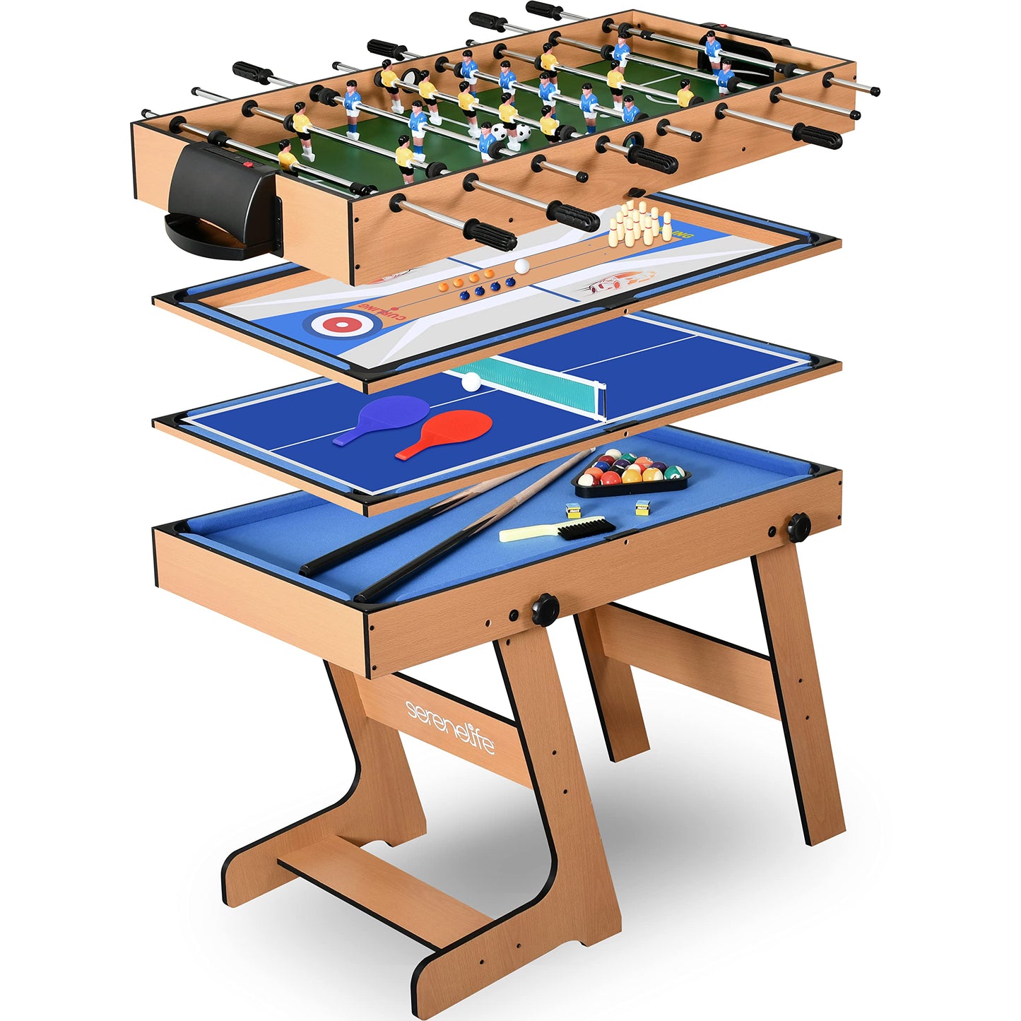 SereneLife Space Saving 5in1 Folding Multi Game Table,40”Full Size Combo Sports Arcade Game with Foosball Soccer,Ping Pong,Pool Billiards,Bowling & - WoodArtSupply