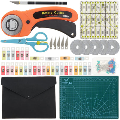 welltop Rotary Cutter Set, 96 PCS Quilting Kit 45mm Fabric Cutters Kit with 5 Extra Blades A4 Cutting Mat Acrylic Ruler Carving Knife Craft Clips