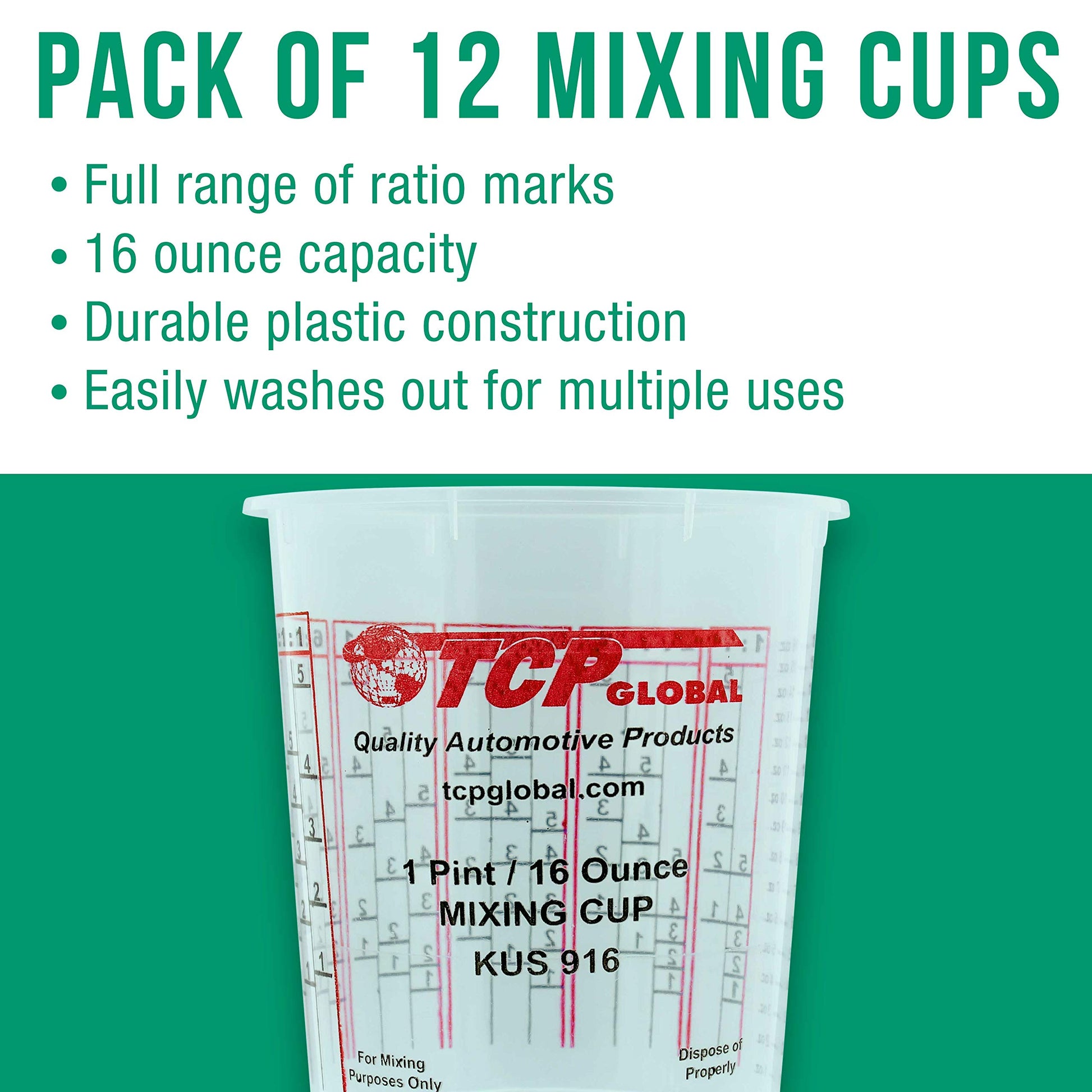 Custom Shop - Pack of 12 Each - 16 Ounce Paint Mixing Cups - 1 Pint - Cups Have calibrated Mixing ratios on Side of Cup - WoodArtSupply