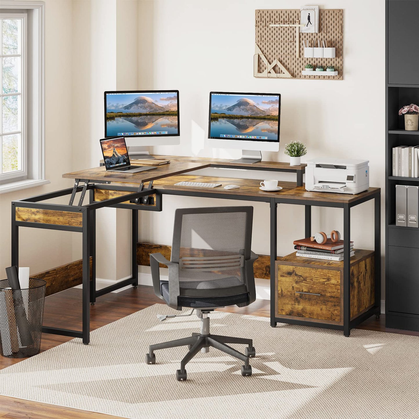 YITAHOME L Shaped Desk with File Drawer, 65" Large Computer Desk Corner Desk with Lift Top, Standing Desk Height Adjustable with Monitor Stand &