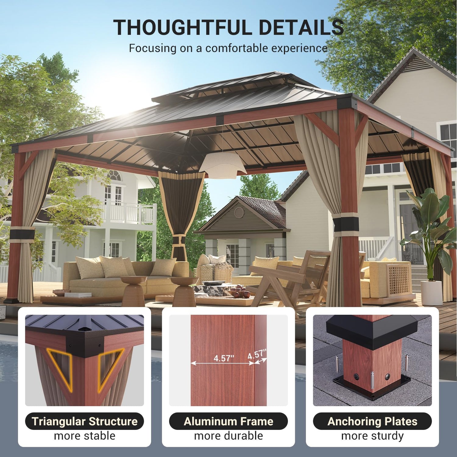 VONZOY Hardtop Gazebo 12x16, Wooden Coated Outdoor Gazebo with Galvanized Steel Double Roof, Aluminum Frame Pavilion, Pergola for Patio Lawn, VONZOY