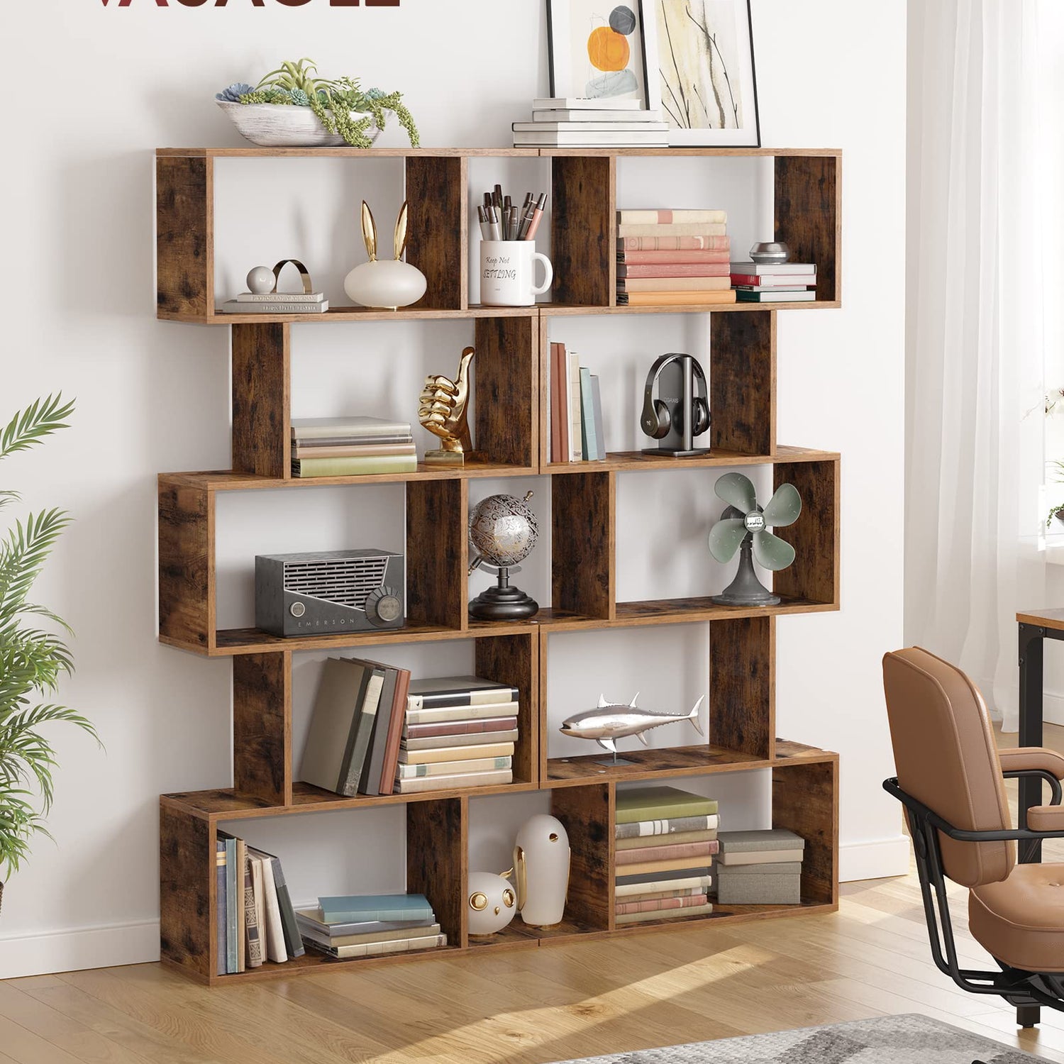 VASAGLE Rustic Brown 5-Tier Bookshelf and Room Divider with Sturdy Design VASAGLE