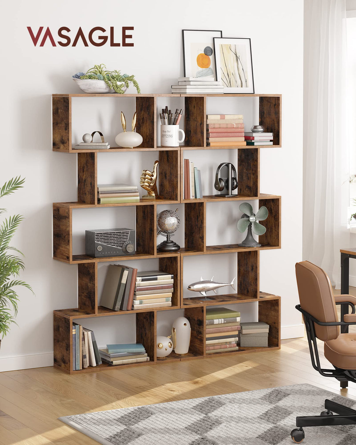 VASAGLE Rustic Brown 5-Tier Bookshelf and Room Divider with Sturdy Design VASAGLE