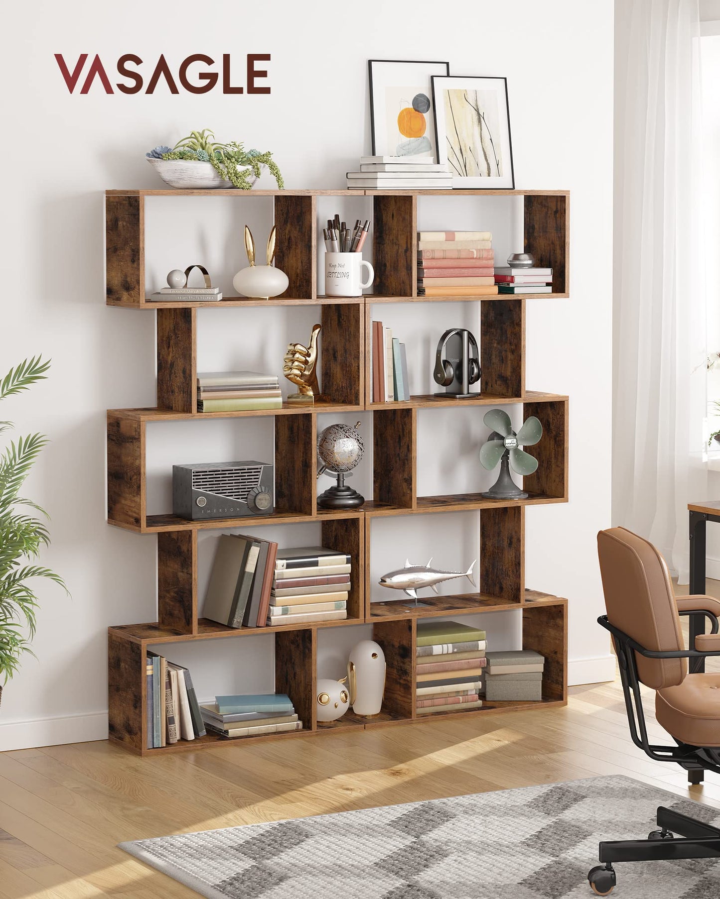 VASAGLE Bookcase, 5-Tier Bookshelf, Display Shelf and Room Divider, Freestanding Decorative Storage Shelving, Rustic Brown ULBC62BX, 27.6”L x 9.4”W x