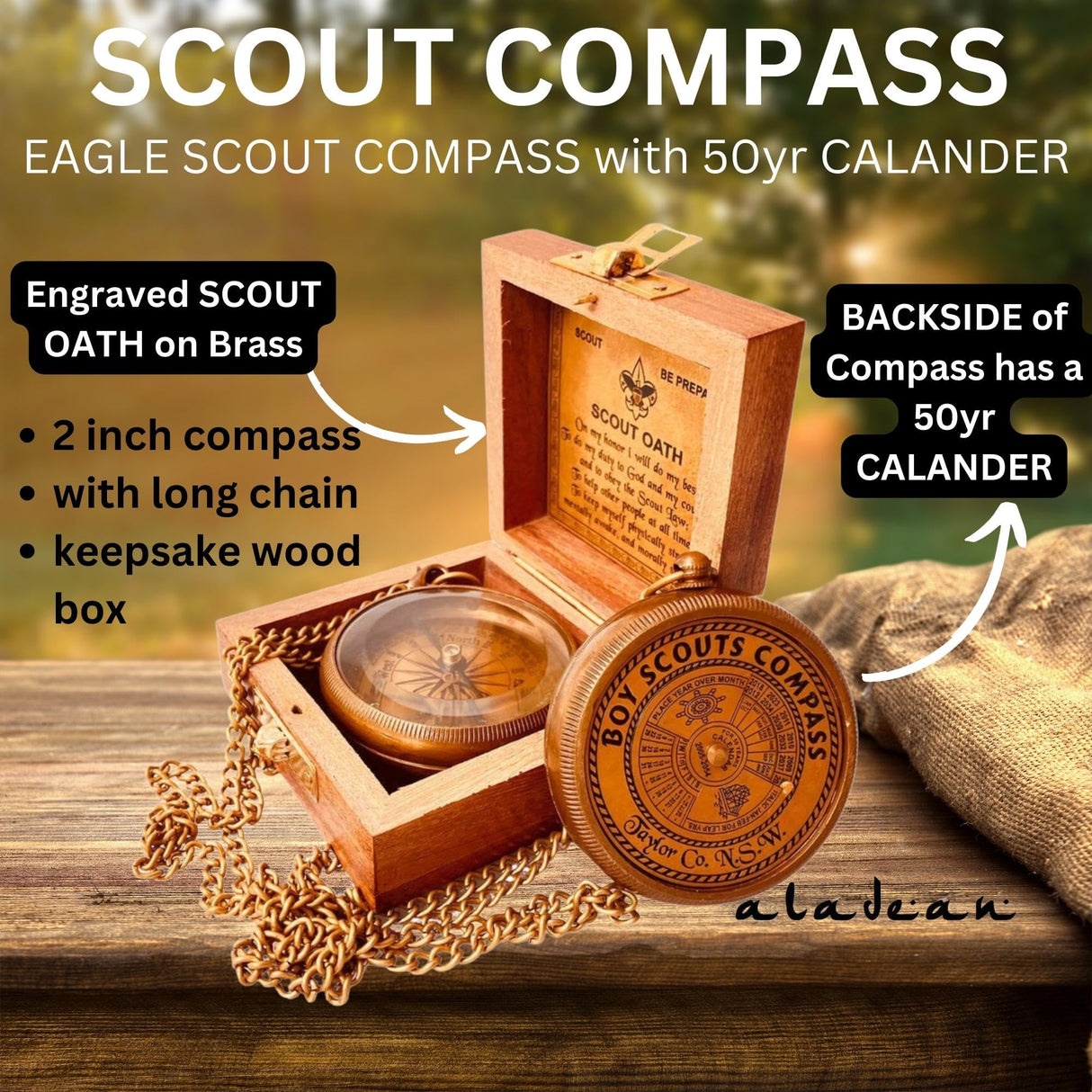 Boys Scout Compass Gift - Engraved Eagle Scout Oath Compass in Wood Box Scout Be Prepared Camping Orienteering Compass, Hiking Backpacking Compass ALADEAN