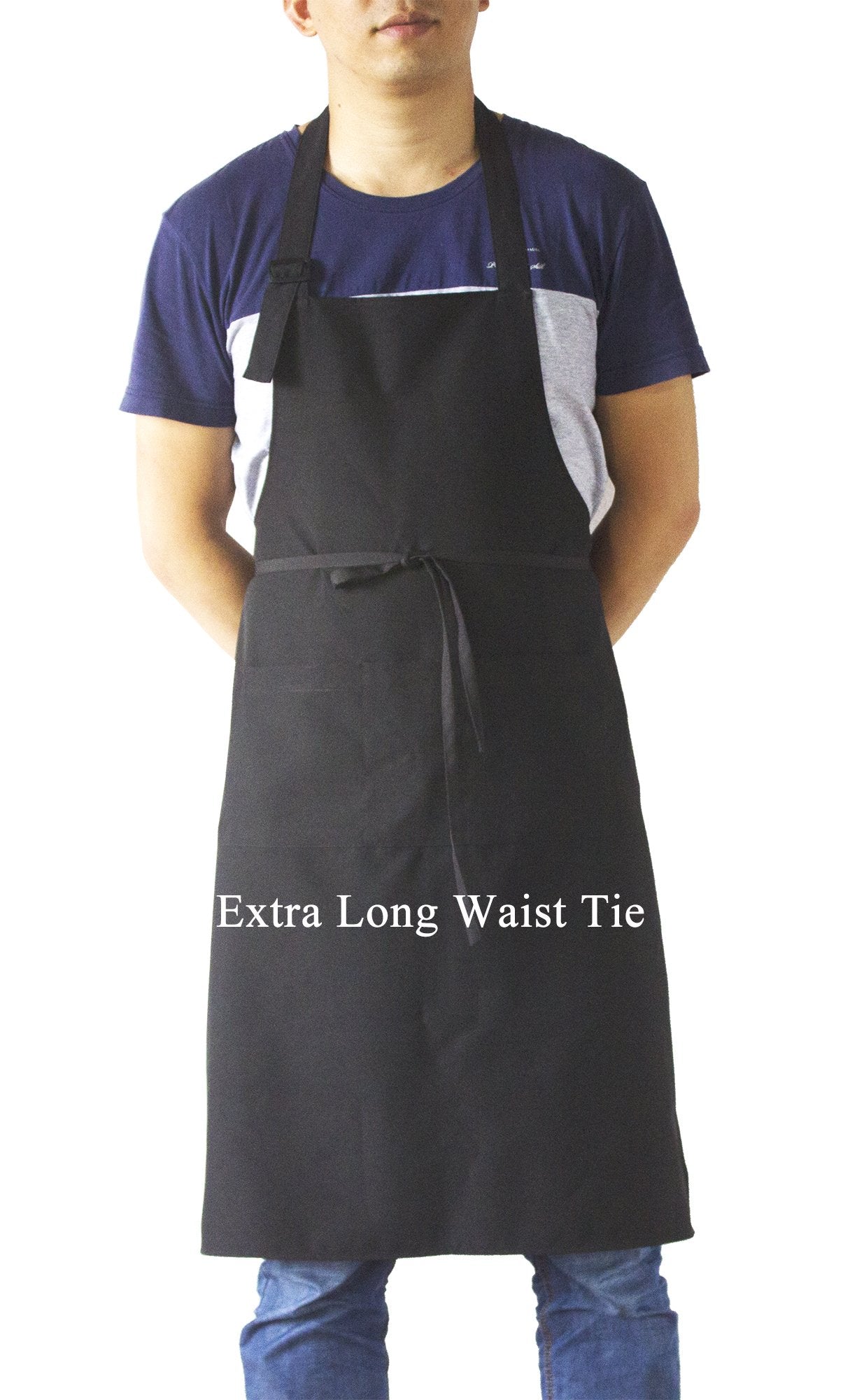 SEW UR LIFE Black Professional Resist Water Adjustable Extra Long Bib Apron 3 Pockets Home Kitchen Garden Restaurant Cafe Bar Pub Bakery for Cooking - WoodArtSupply