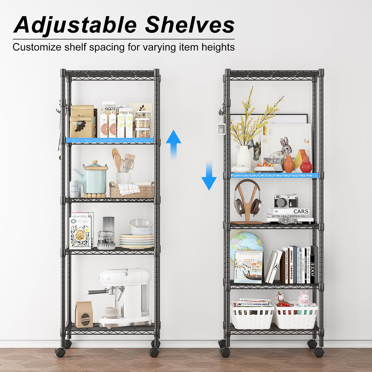 Homdox 5 Tier Wire Shelving Unit on Wheels, Adjustable Storage Racks and Shelving, Heavy Duty Rolling Metal Shelves with Side Hooks for Laundry Homdox