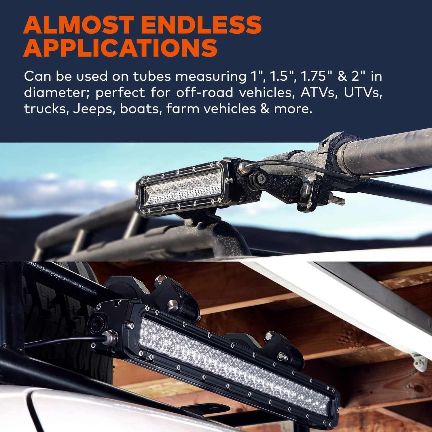 Off-Road Light Mounting Bracket Bar Clamp Kits [1"/1.5"/1.75"/2" Inch] [Horizontal Bar] [Aluminium] [2 Units] Bull Roll Cage Clamps Mount For ATV UTV LAMPHUS