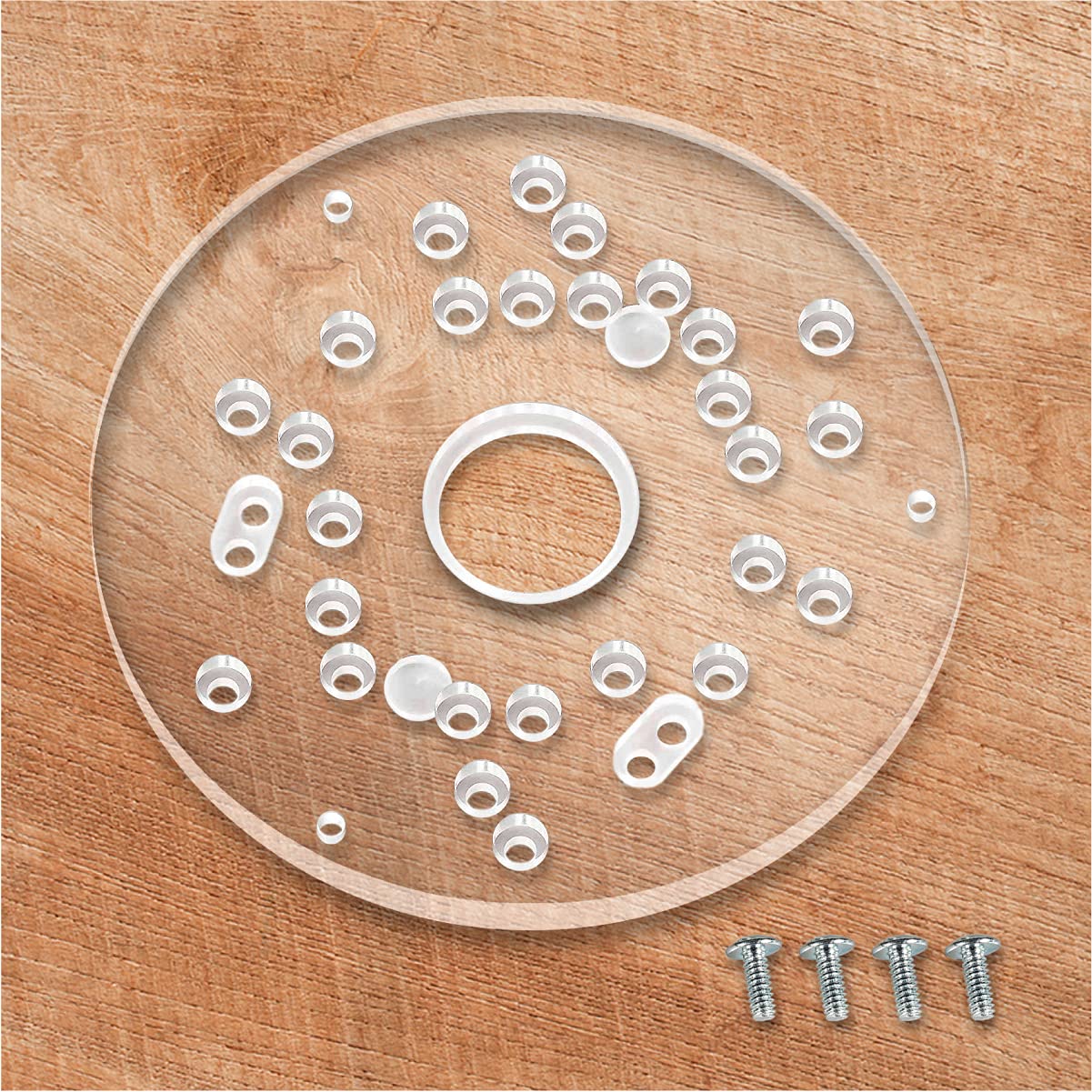 POWERTEC 71381 Dia 5-3/4" Clear Acrylic Offset Router Base Plate with Screws and Multiple Pre Drilled Holes for Trim Routers, Fits Bosch, DeWalt,