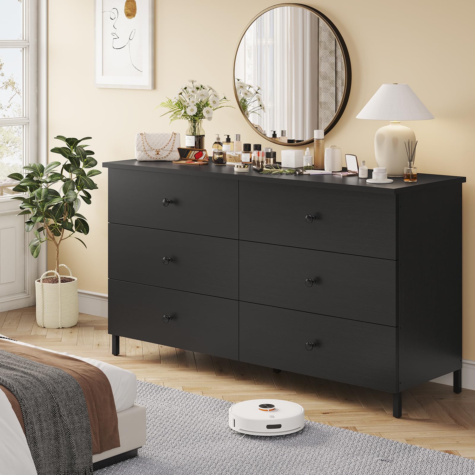 Hasuit 6 Drawers Double Dresser, Wooden Dresser with Heavy Sturdy Steel Frame, Large Capacity Storage Chest of Drawers, Black Dresser for Bedroom, - WoodArtSupply