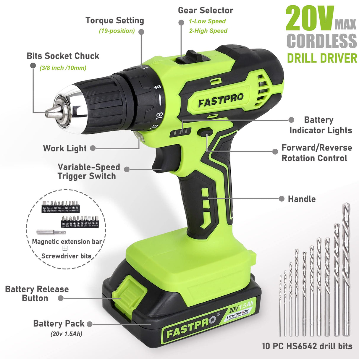 FASTPRO 20V Max Cordless Drill set, 3/8 in. Power Drill Driver kit with One 1.5 Ah Lithium-ion Batteries, Charger and Tool Bag, Green FASTPRO