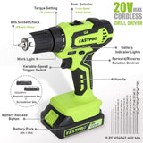 FASTPRO 20V Max Cordless Drill set, 3/8 in. Power Drill Driver kit with One 1.5 Ah Lithium-ion Batteries, Charger and Tool Bag, Green FASTPRO
