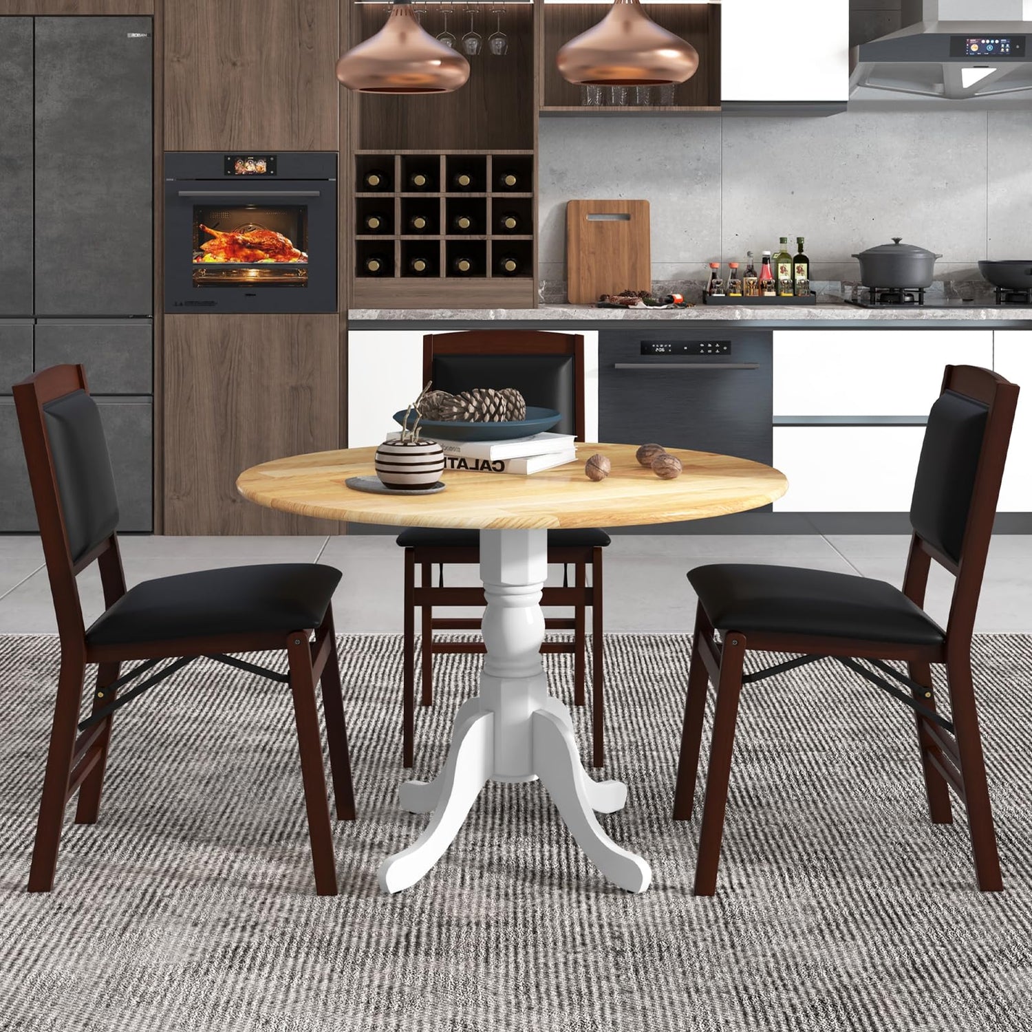 COSTWAY Round Dining Table for 4, 40-inch Wooden Kitchen Table With Solid Rubber Wood Frame, Curved Trestle Legs, Adjustable Foot Pads, Mid Century COSTWAY