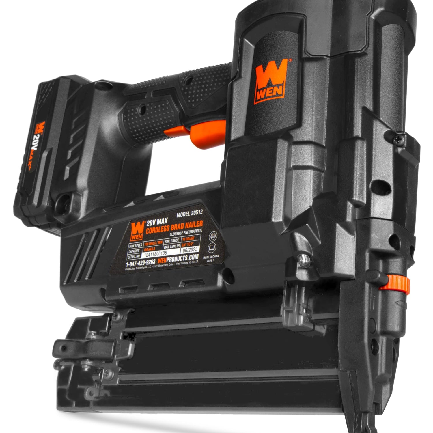 WEN 20V Max Cordless 18-Gauge Brad Nailer with 2.0Ah Battery and Charger (20512) WEN