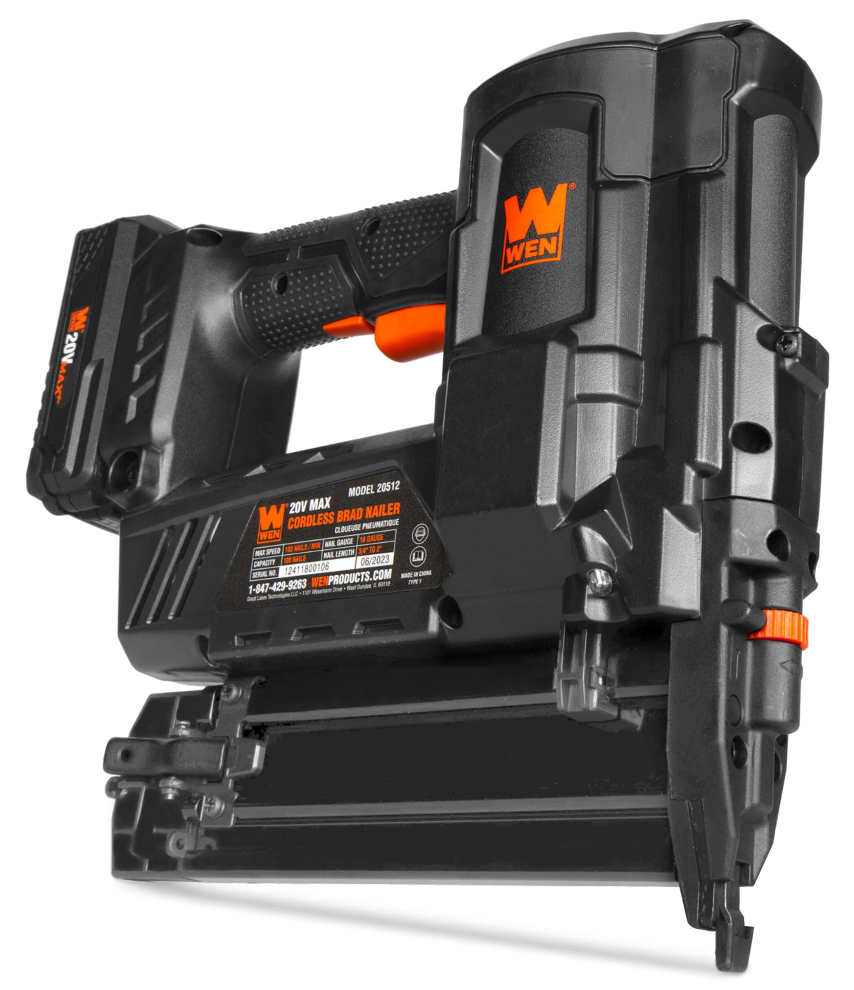 WEN 20V Max Cordless 18-Gauge Brad Nailer with 2.0Ah Battery and Charger (20512) WEN