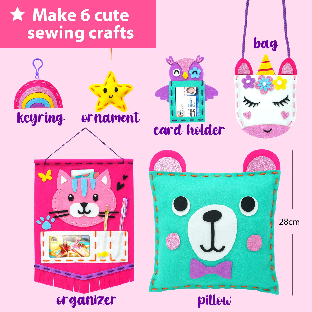 KRAFUN My First Sewing Kit for Beginner Kids Arts & Crafts, 6 Easy DIY Projects of Stuffed Animal Dolls and Plush Pillow Craft, Instructions & Felt, KRAFUN