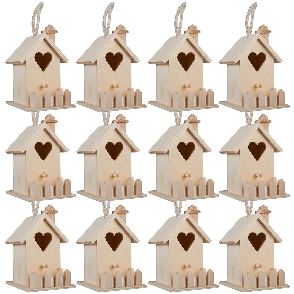4.7" Heart & Fence Birdhouse by Make Market - Unfinished Hanging Birdhouse Made of 100% Wood, Outdoor Nesting Boxes - Bulk 12 Pack Make Market