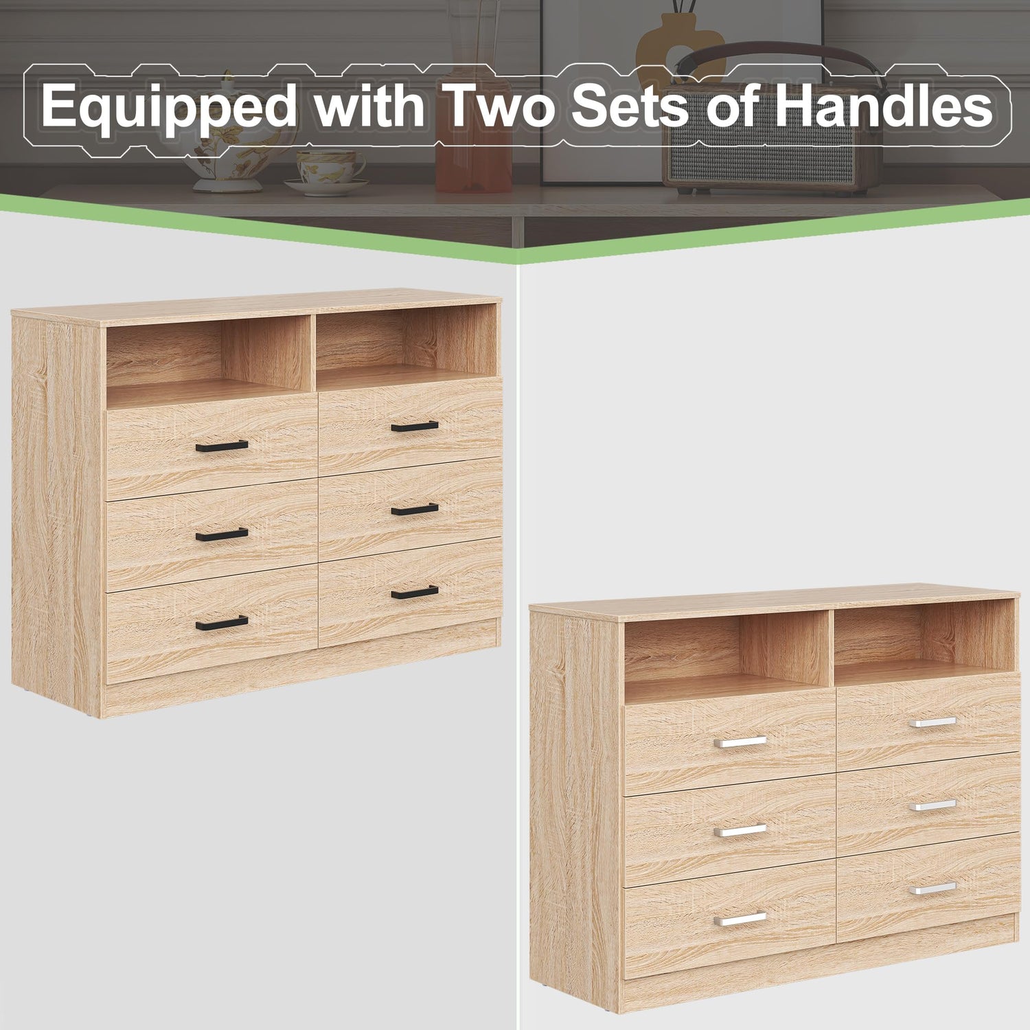 Bigbiglife 6 Drawer Dresser with Open Storage, Natural Wood Dresser, Modern Double Dresser for Bedroom, Living Room, Entryway, Light Oak Bigbiglife