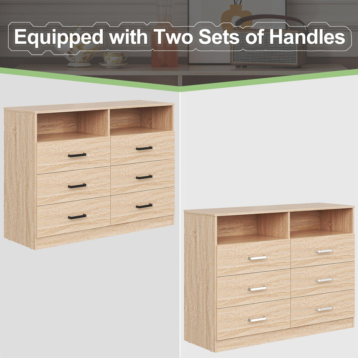 Bigbiglife 6 Drawer Dresser with Open Storage, Natural Wood Dresser, Modern Double Dresser for Bedroom, Living Room, Entryway, Light Oak Bigbiglife