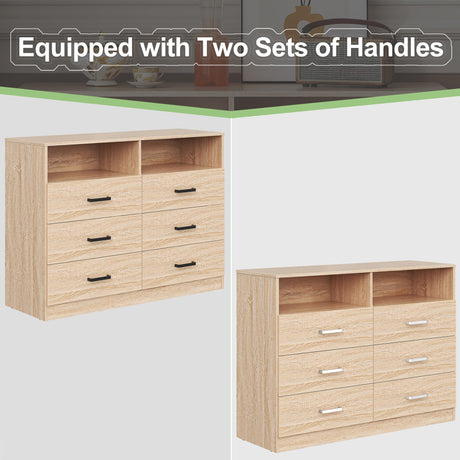 Bigbiglife 6 Drawer Dresser with Open Storage, Natural Wood Dresser, Modern Double Dresser for Bedroom, Living Room, Entryway, Light Oak Bigbiglife