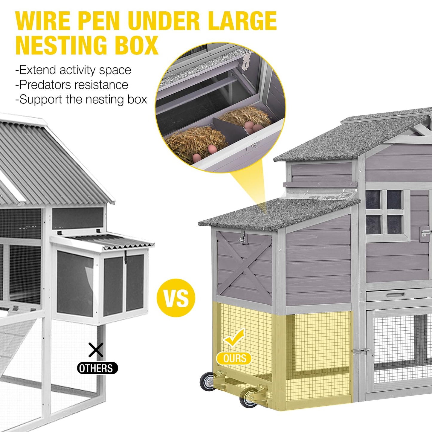 Chicken Coop Mobile Hen House with Large Nesting Box 73" Expandable Outdoor Wooden Poultry Cage with Wheels, Nesting Box, Leakproof Pull-on Tray and - WoodArtSupply