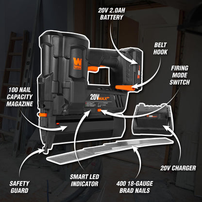 WEN 20V Max Cordless 18-Gauge Brad Nailer with 2.0Ah Battery and Charger (20512) - WoodArtSupply