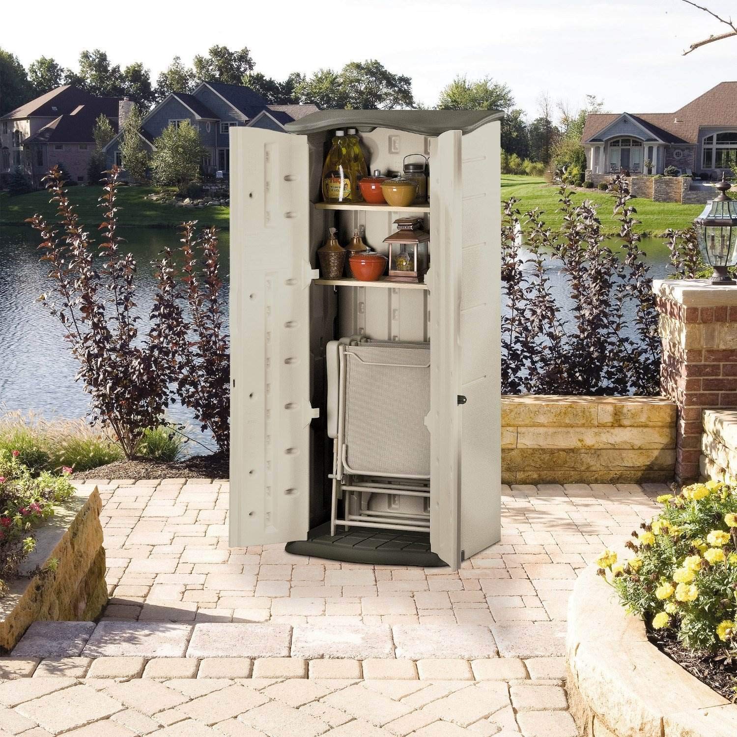 Rubbermaid Vertical Resin Weather Resistant Outdoor Storage Shed, 2x2.5 ft., Olive and Sandstone, for Garden/Backyard/Home/Pool Rubbermaid