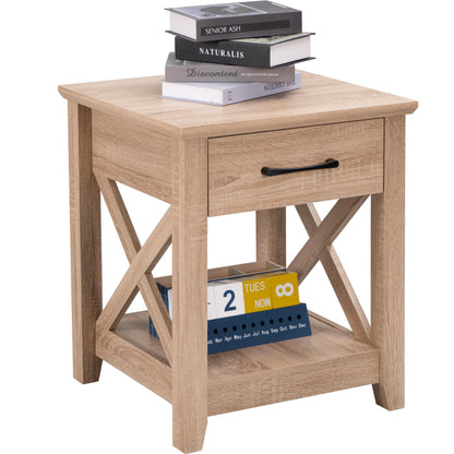 PrimeZone 24" Tall Nightstand with Drawer & Shelf - X Design Wood Beige Sofa End Table, Night Stand Bedside Table for Bedroom, Oak