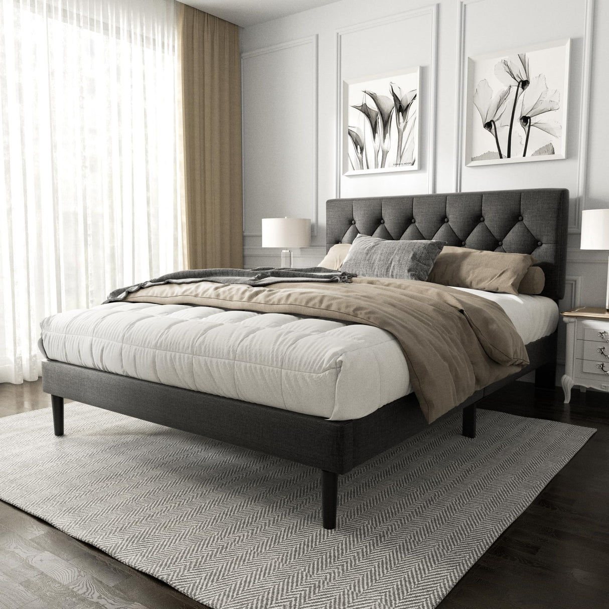 HAOARA Dark Gray Queen Size Platform Bed Frame with Upholstered Button Tufted Headboard HAOARA