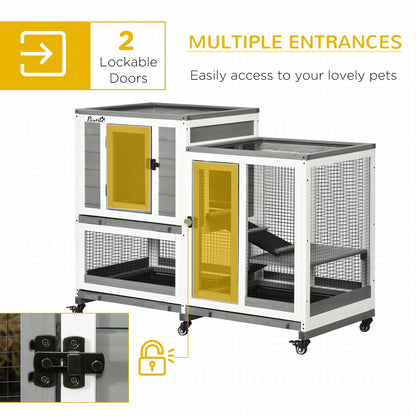 PawHut Indoor Rabbit Hutch, Three Story Wooden Rabbit Cage Bunny Hutch with Runs, Wheels, Waterproof Roof and Removable Trays, Gray - WoodArtSupply